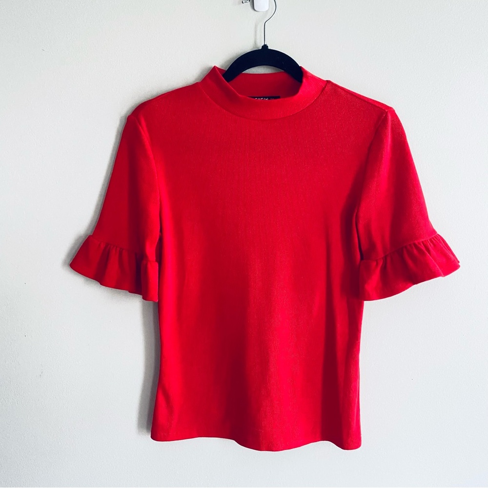 SHEIN Women's Red Short Bell Sleeve Mock Turtle Neck Shirt Top Size Large